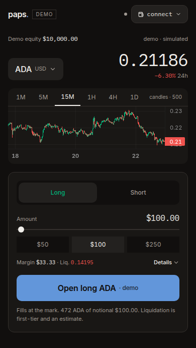 The trade screen: live candle chart, long and short, amount, and one action